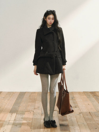 Black Wool-Blend Detachable Hem Double-Breasted Coat