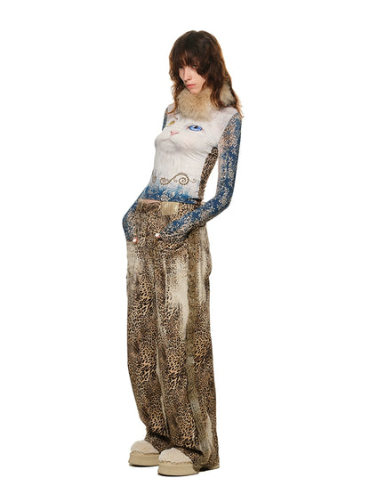 Patchwork Rabbit Fur Leopard Wide-Leg Pants