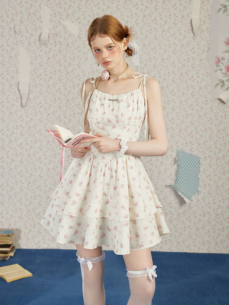 White Floral Spaghetti Strap Dress