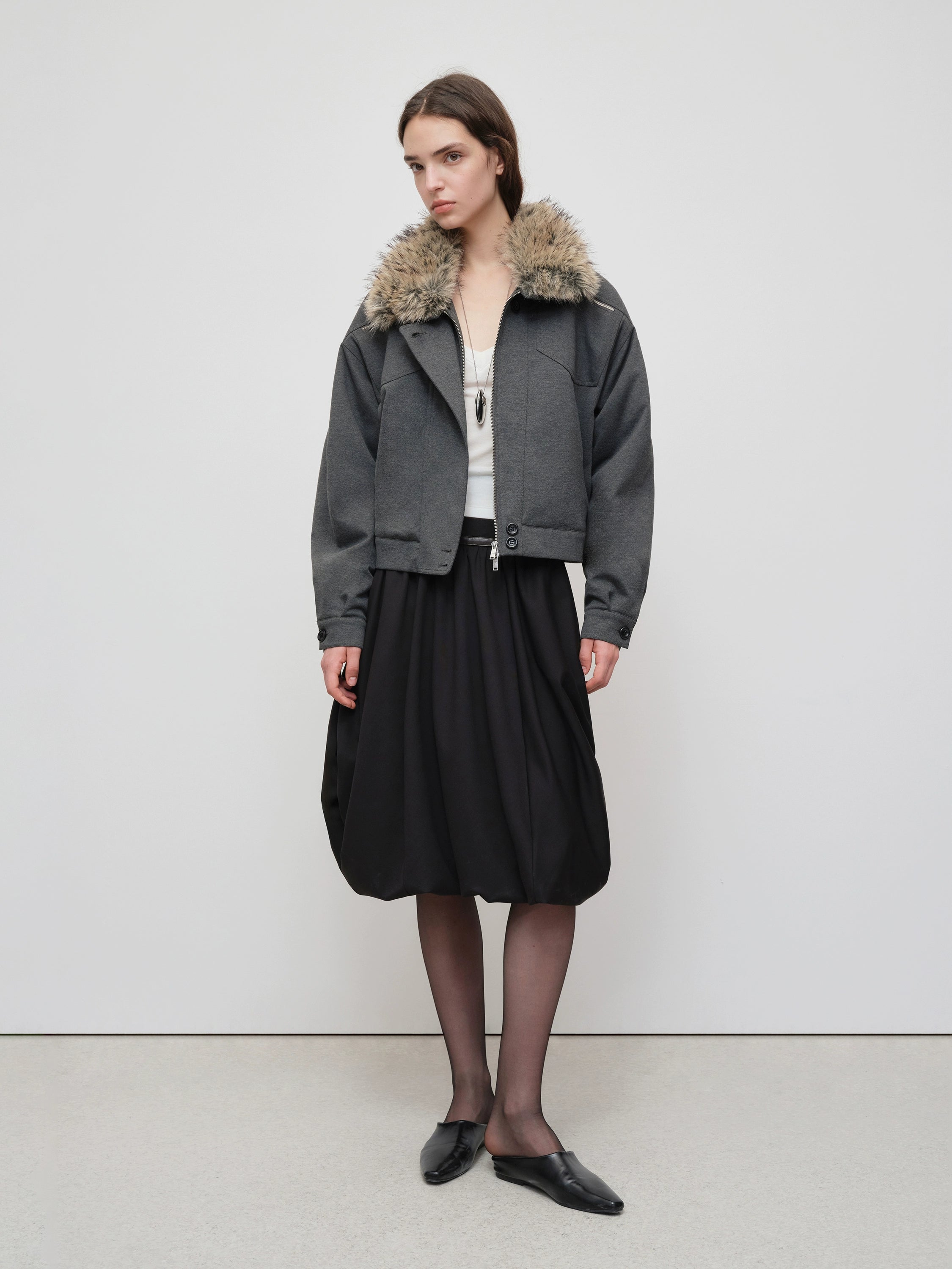 Detachable Fur Collar Knit Zip-Up Jacket