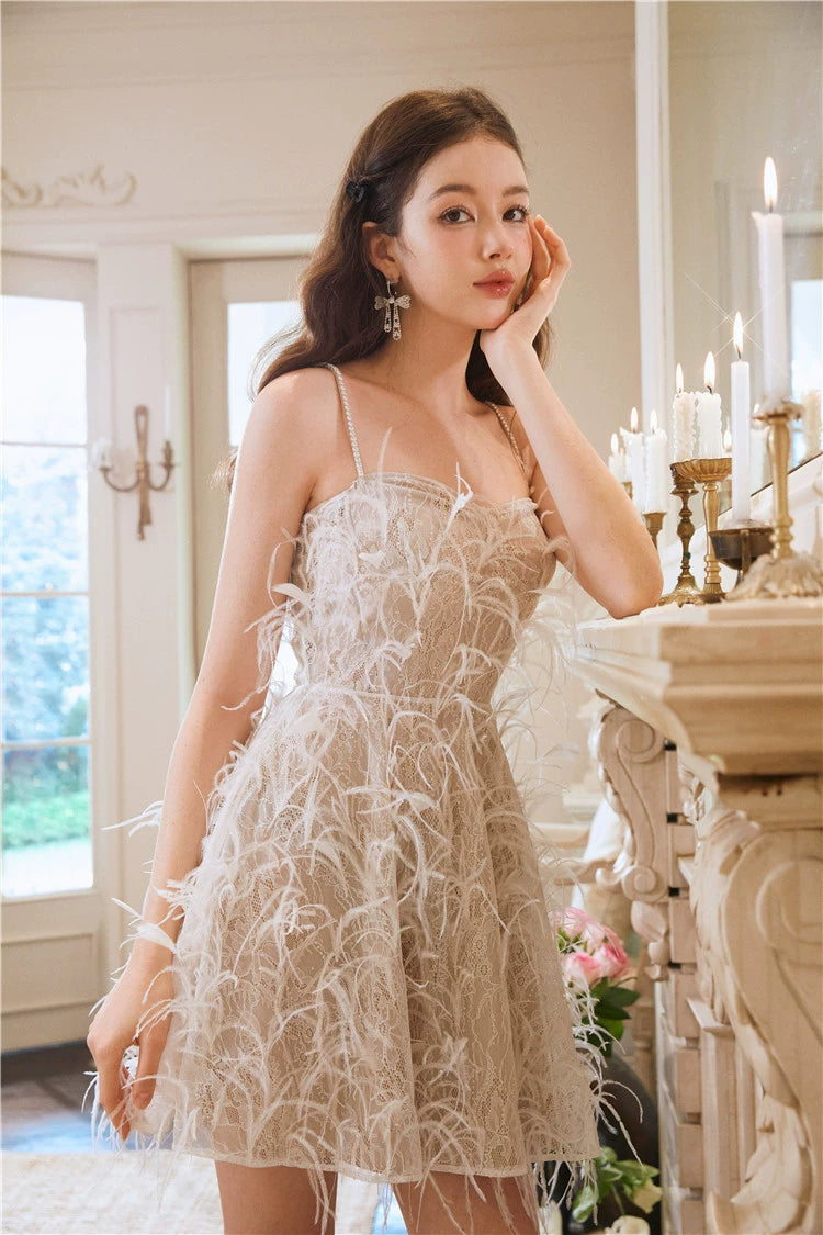 Beige Lace Feather Tassel Dress