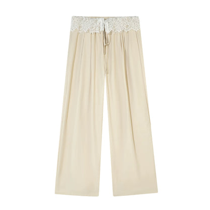 Lace Panel Drawstring Waist Wide-Leg Casual Pants