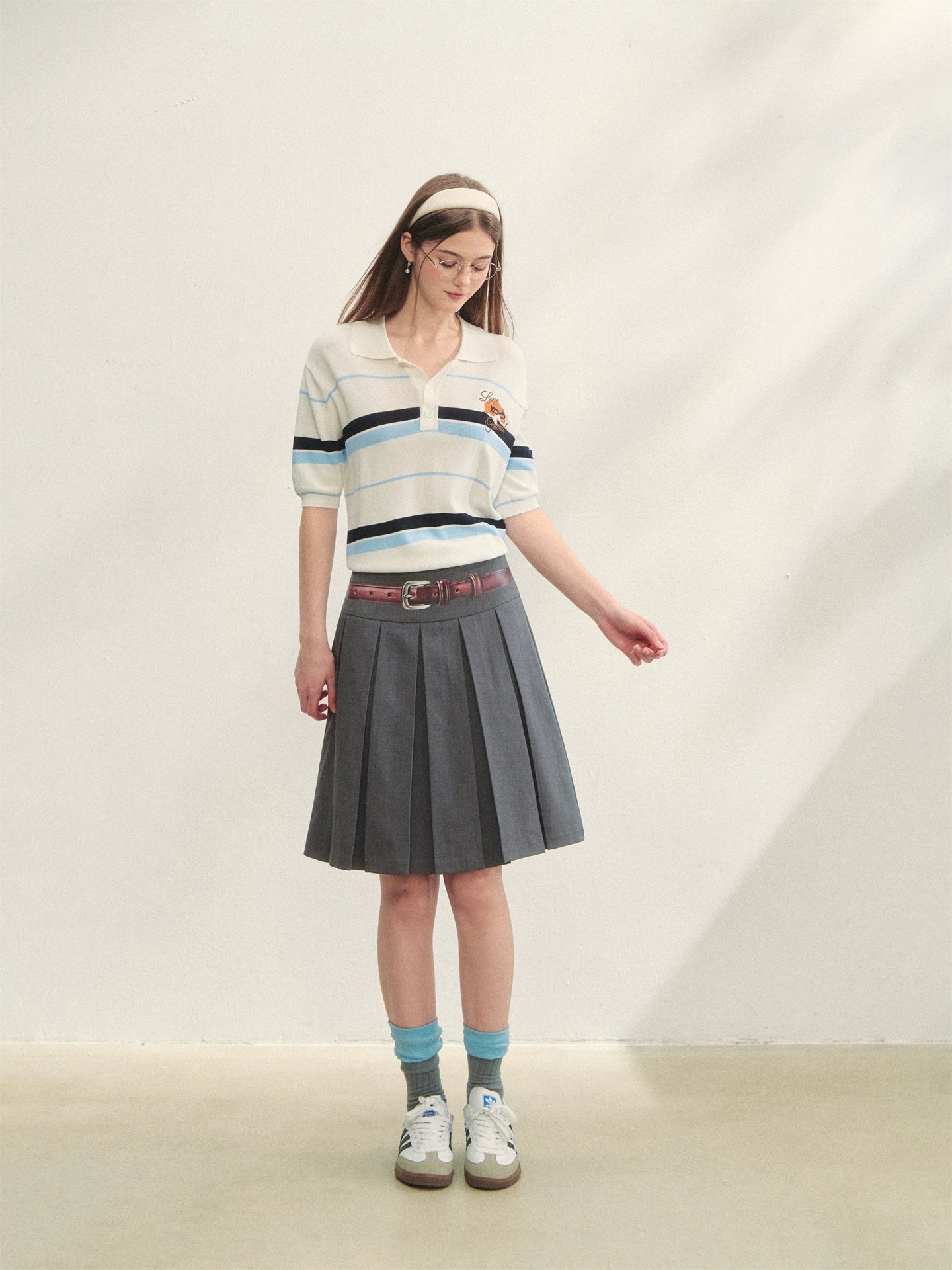 Fake Two-piece Printed Belted Pleated Skirt - CHINASQUAD