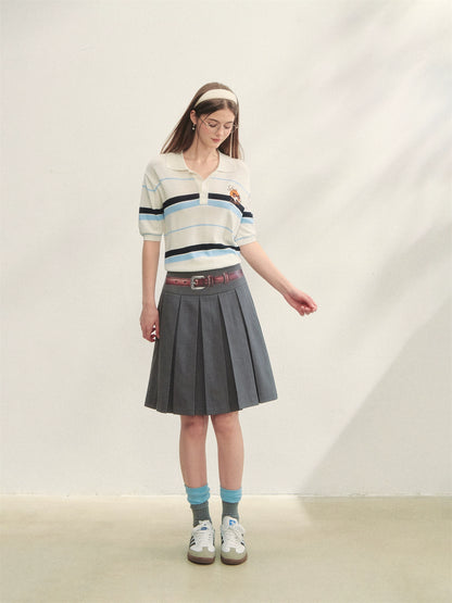 Fake Two-piece Printed Belted Pleated Skirt - CHINASQUAD