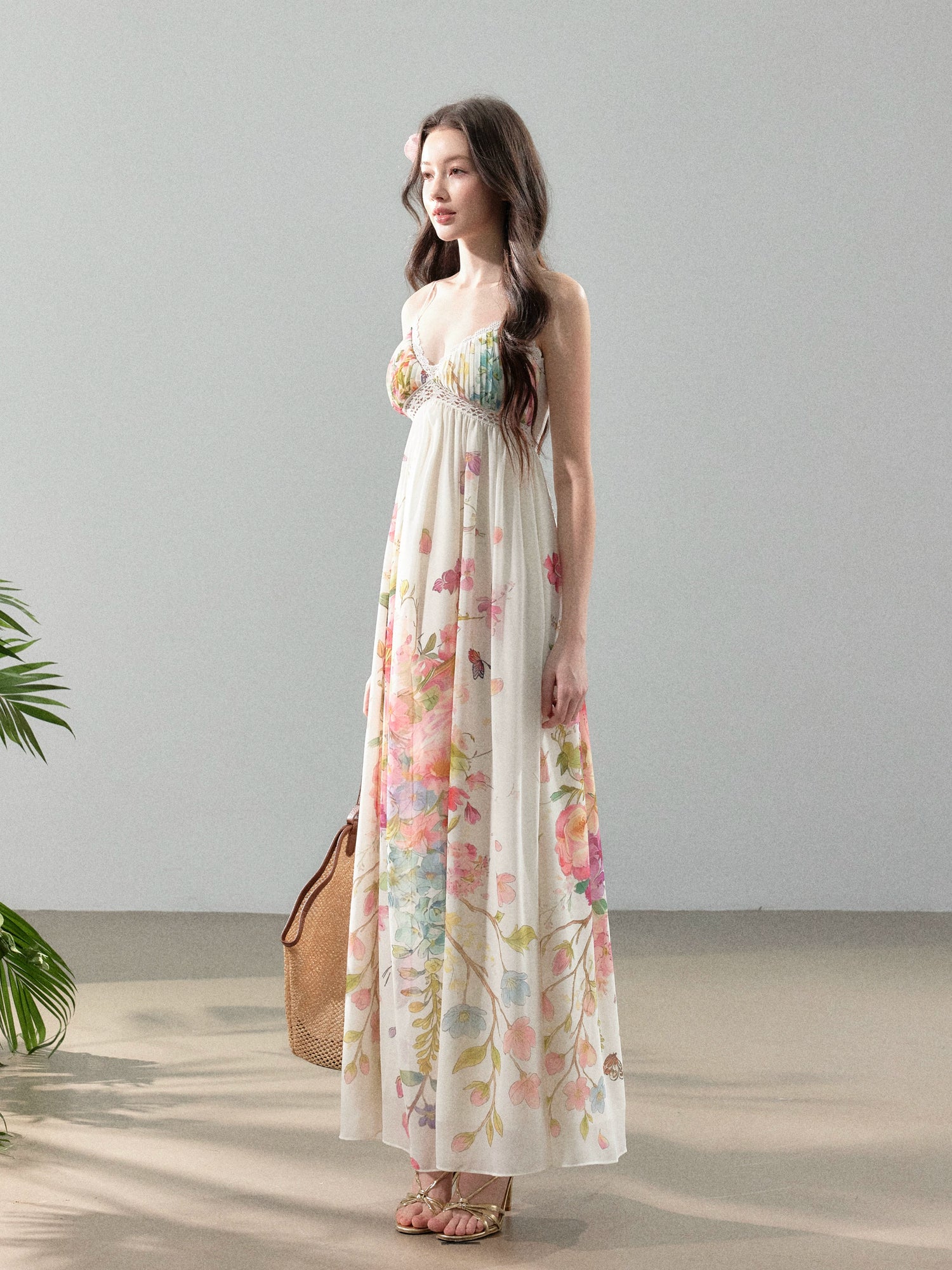 Blooming Vine Floral Chiffon Slip Maxi Dress