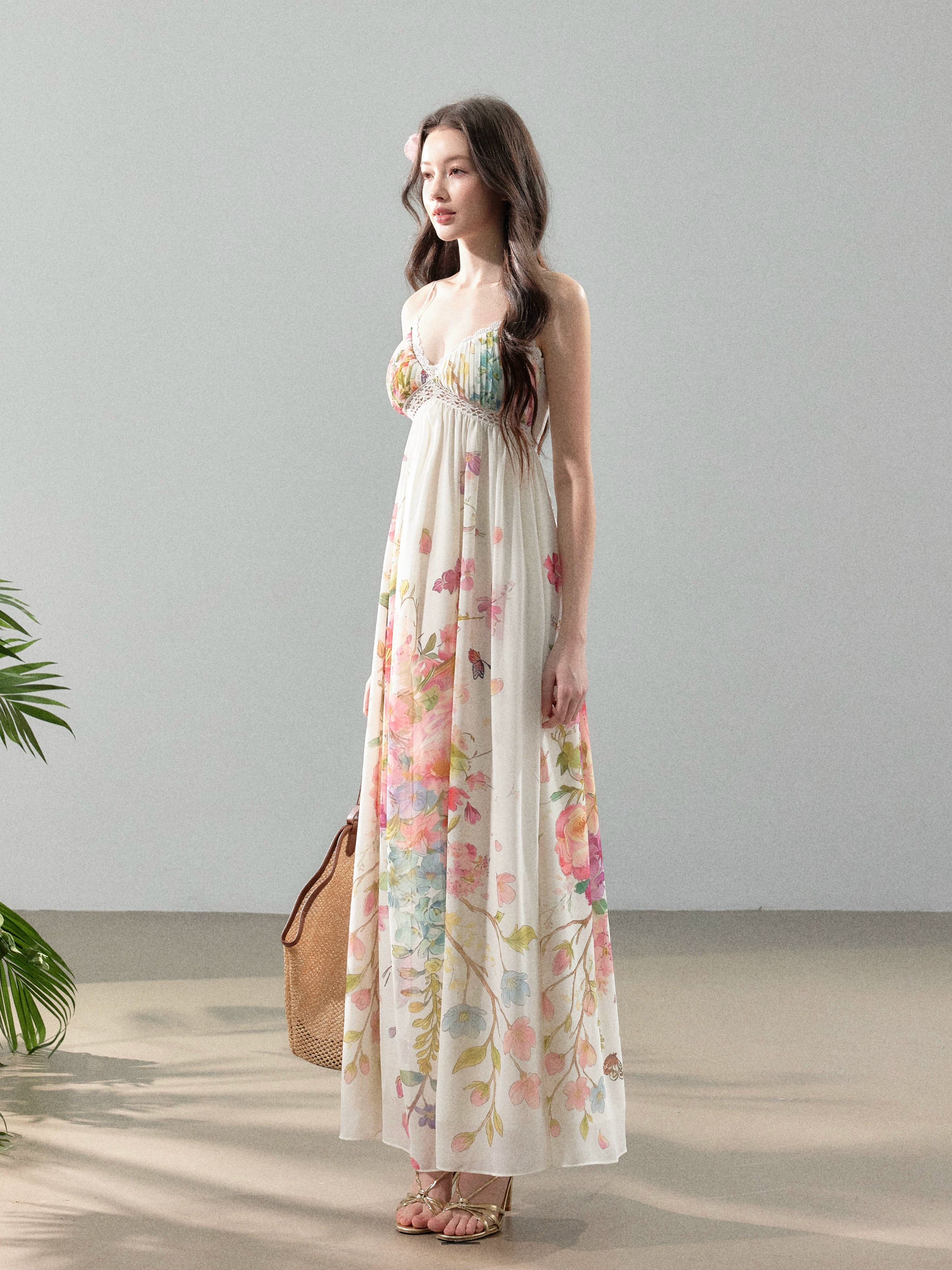 Blooming Vine Floral Chiffon Slip Maxi Dress
