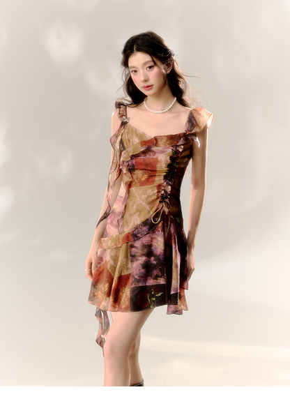 Floral Pattern A-line Waist-cinching  Dress