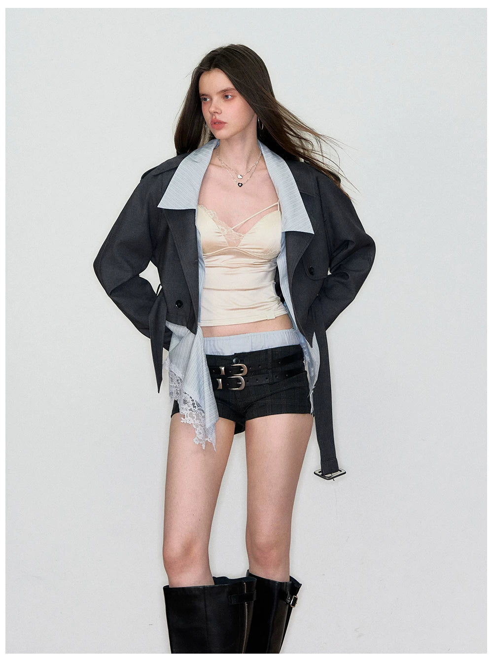 Double-Waist Checkered Tailored Shorts