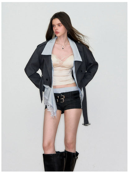 Double-Waist Checkered Tailored Shorts