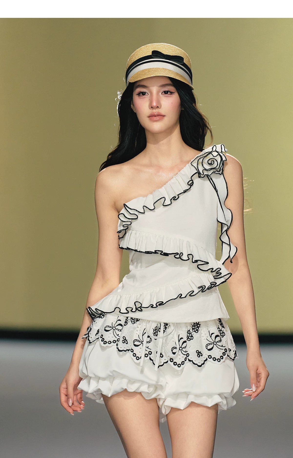 Asymmetric Rose-Trim Layered Top &amp; Puff Bloomers Set