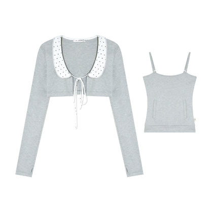 Polka Dot Lace Collar Long Sleeve Cardigan &amp; Cami Two-Piece Set