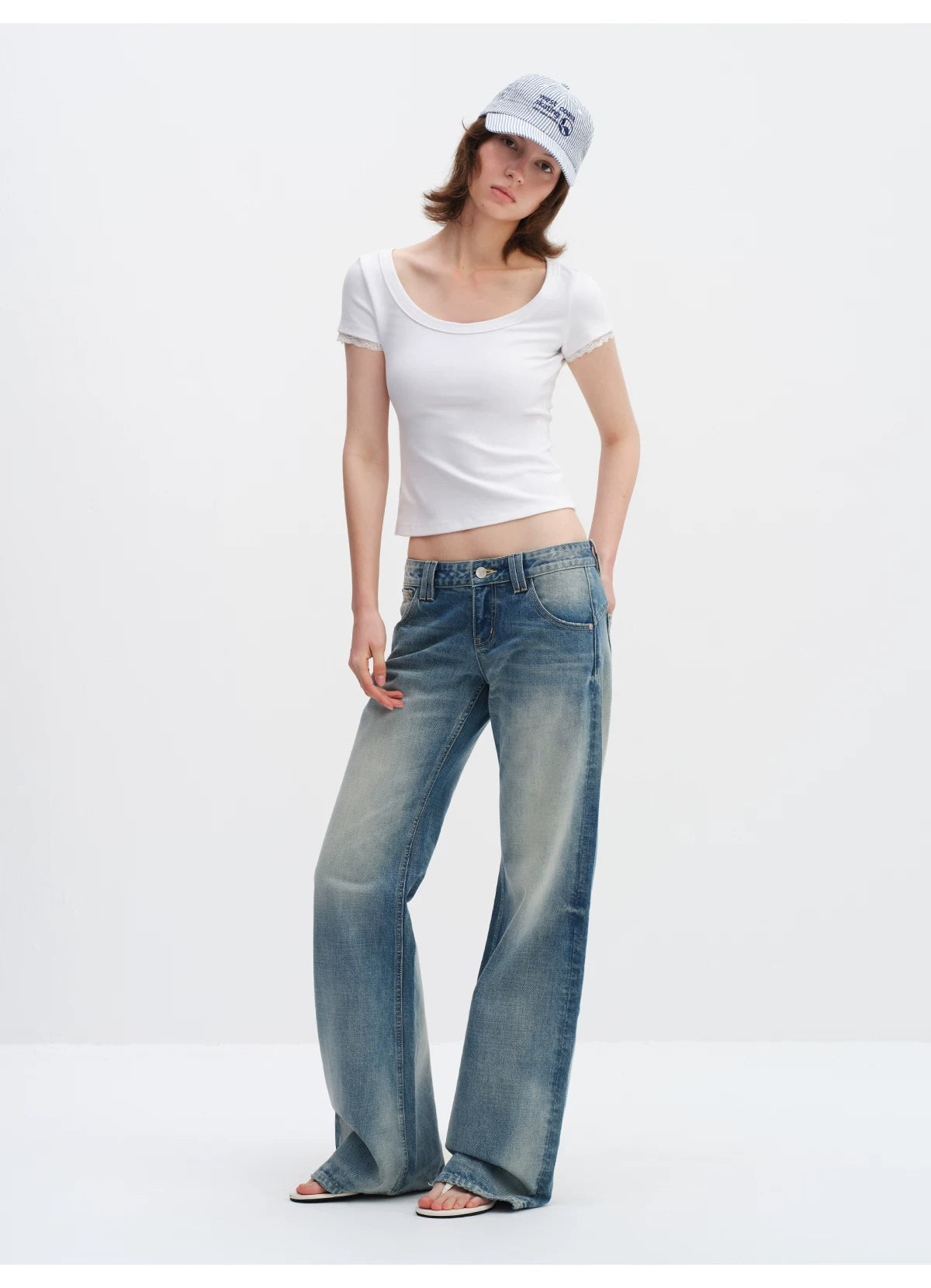 Lace Trim Scoop Neck Fitted Cotton T-Shirt