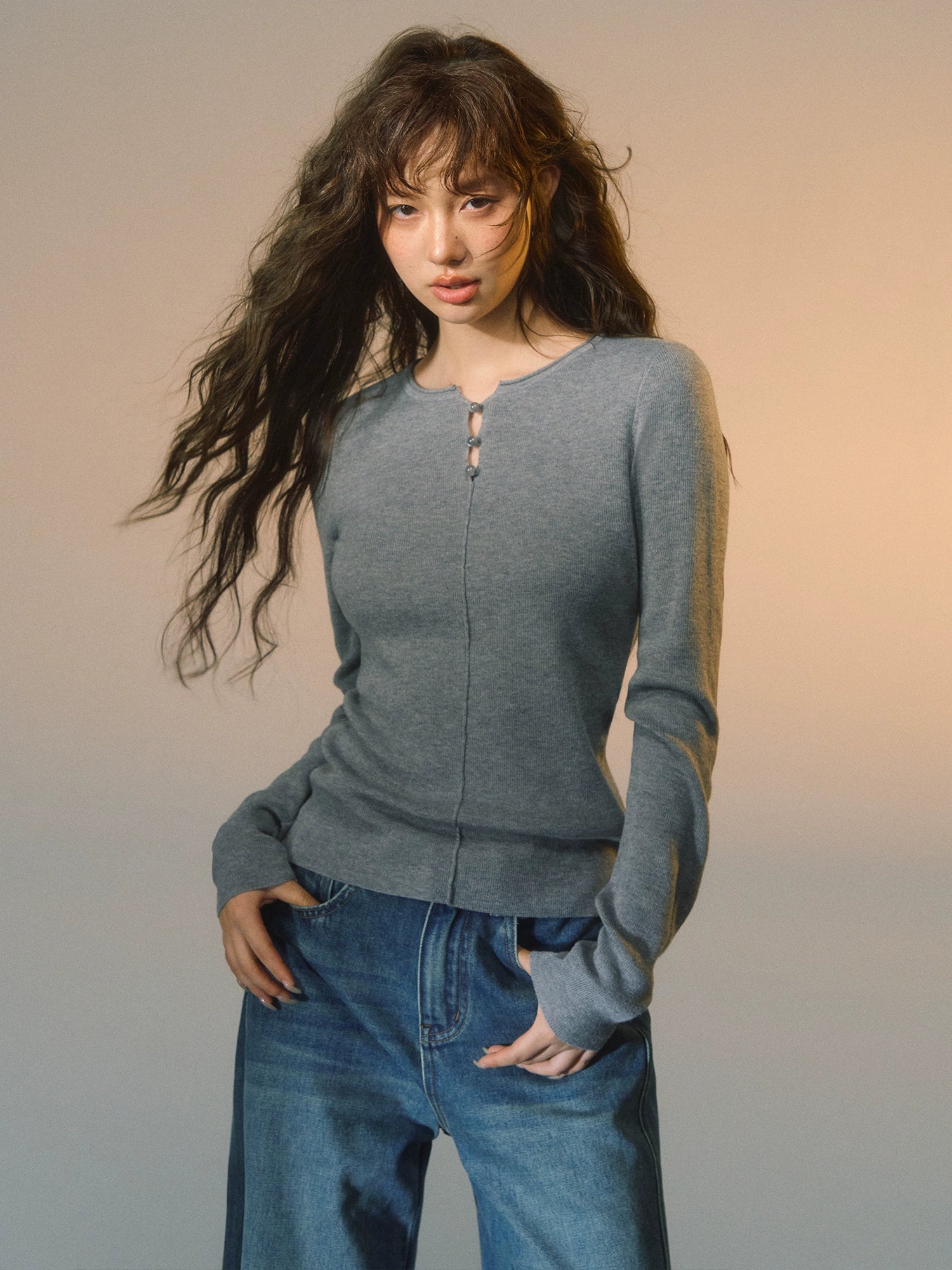 Striped Button-Up Knit Crewneck