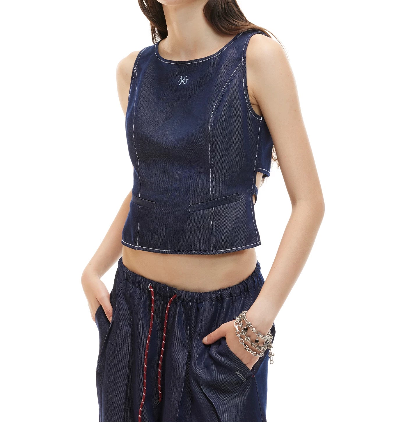 Open-Back Cinched Lyocell Denim Vest
