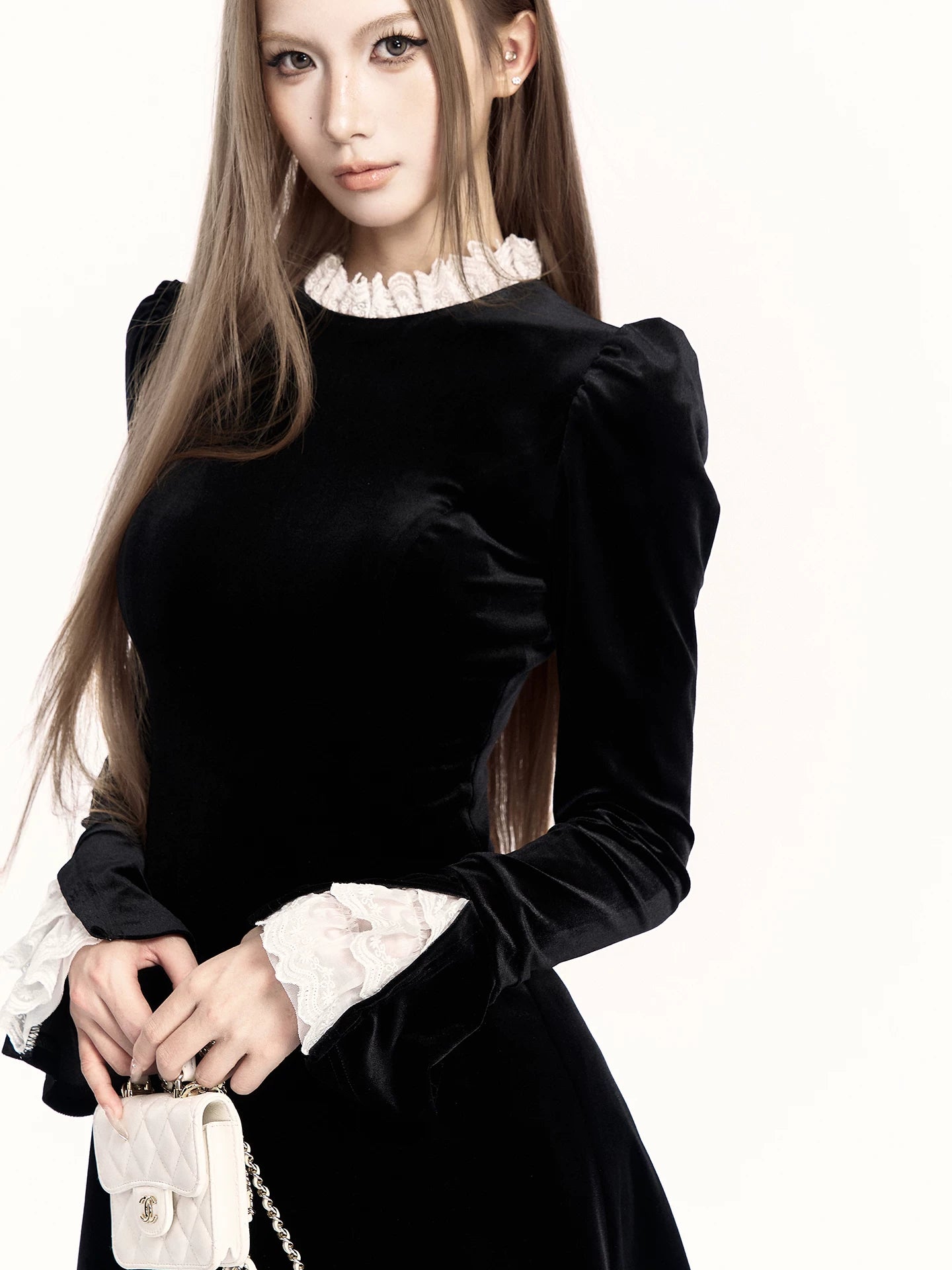 French Retro Lace-Collar Slim-Fit Dress