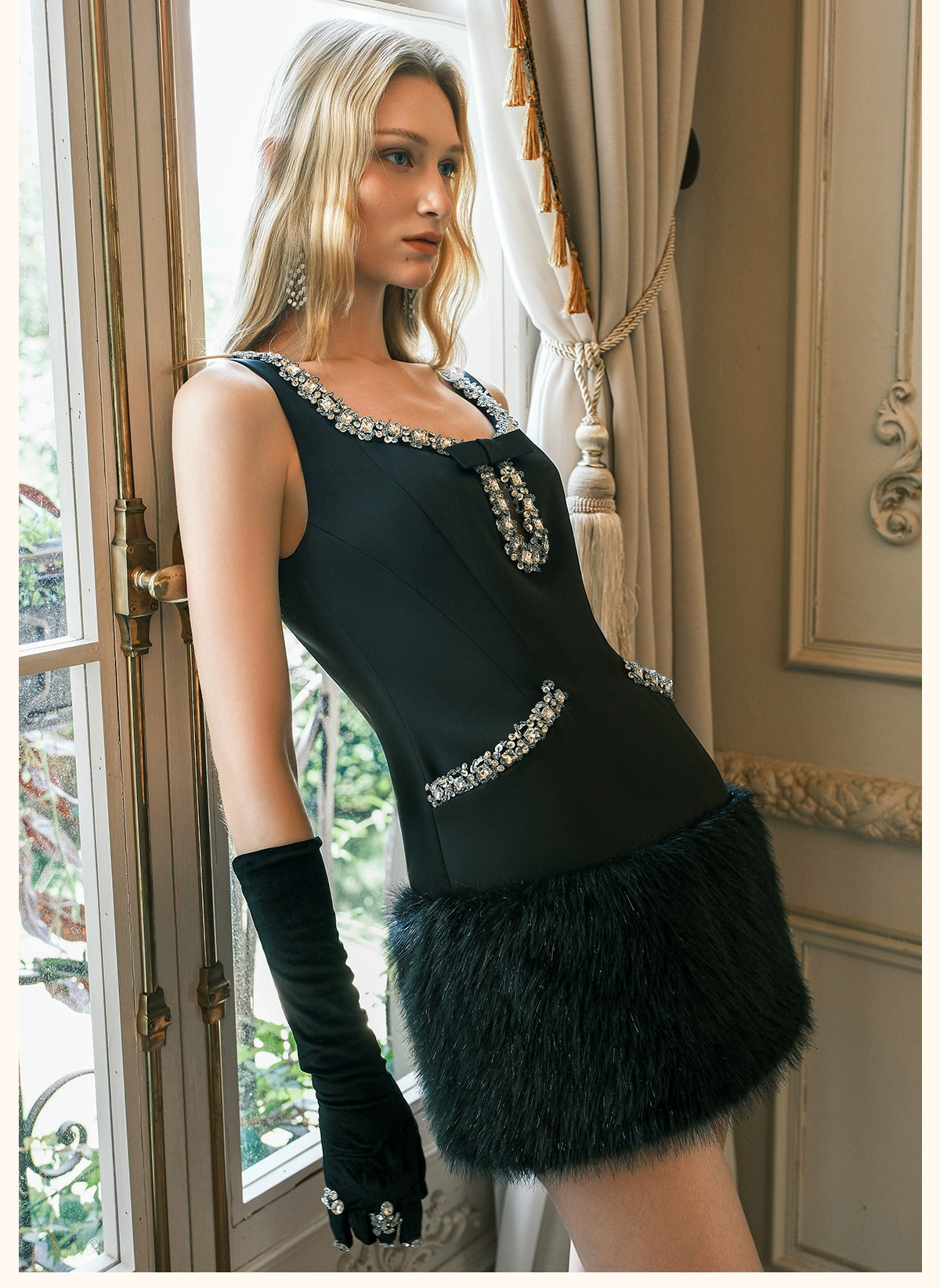 Sable Satin Straight-Cut Faux Fur Dress