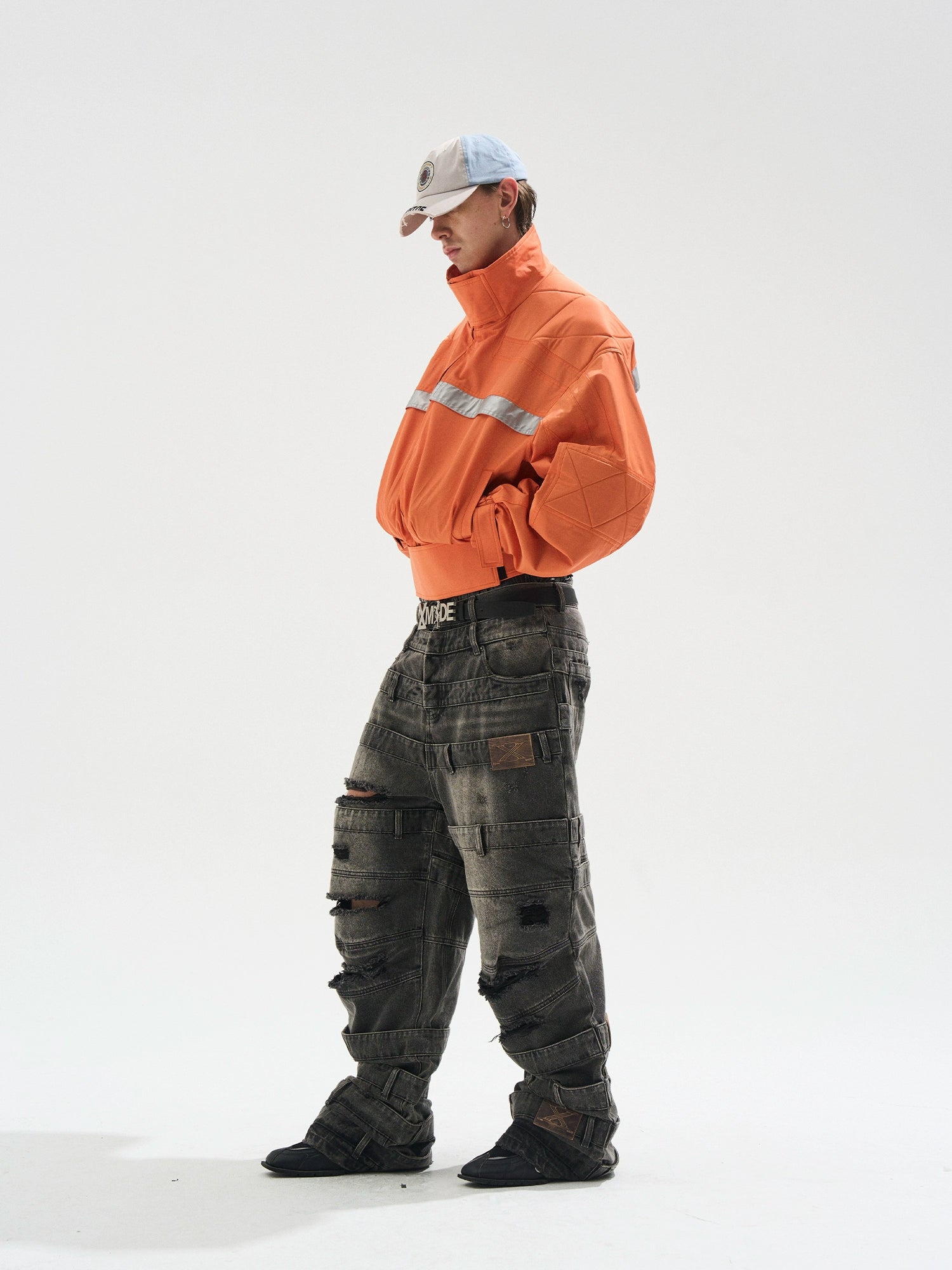 Reflective Trim Stand-Collar Oversized Jacket