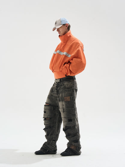 Reflective Trim Stand-Collar Oversized Jacket