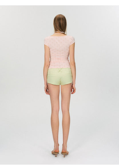 Vintage Handmade Floral Appliqué Ruched Slim-Fit T-Shirt
