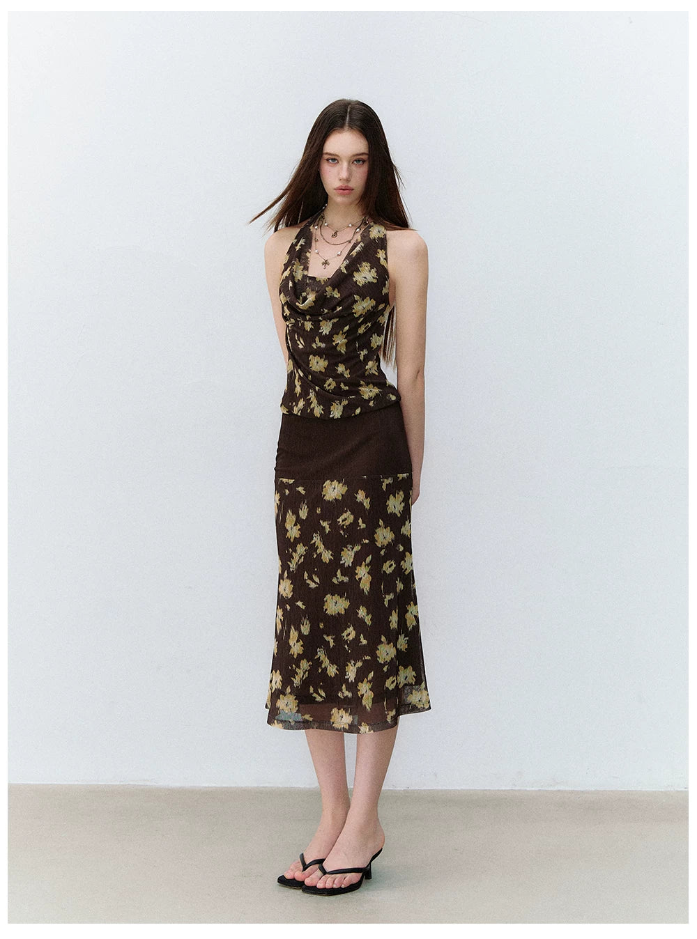 Misty Garden Halter Neck Fishtail Mesh Dress