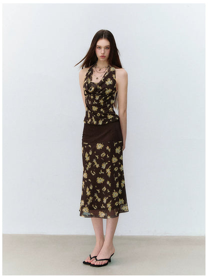 Misty Garden Halter Neck Fishtail Mesh Dress