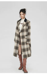 (Final Sale) Coffee Woolen Plaid Coat - CHINASQUAD