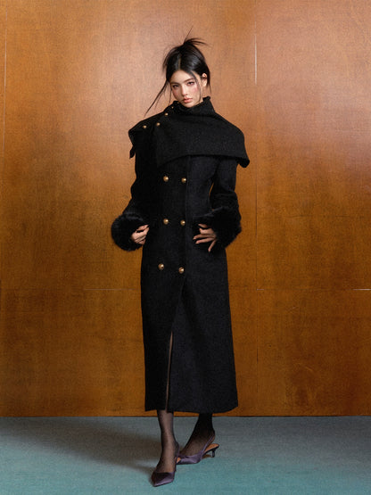 Detachable Fur Waist-Fitted Wool Coat &amp; Scarf Set