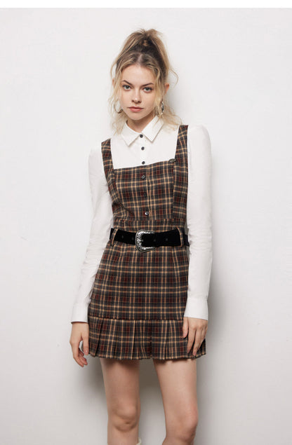 Plaid Faux Two-Piece Bubble Sleeve Shirt Dress - CHINASQUAD