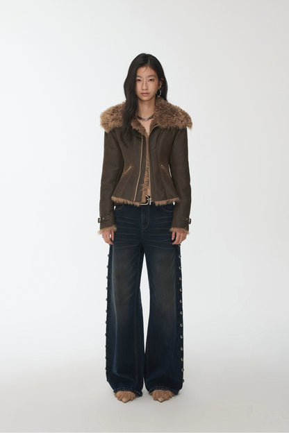 Faux Shearling-Lined Washed Leather Slim Jacket