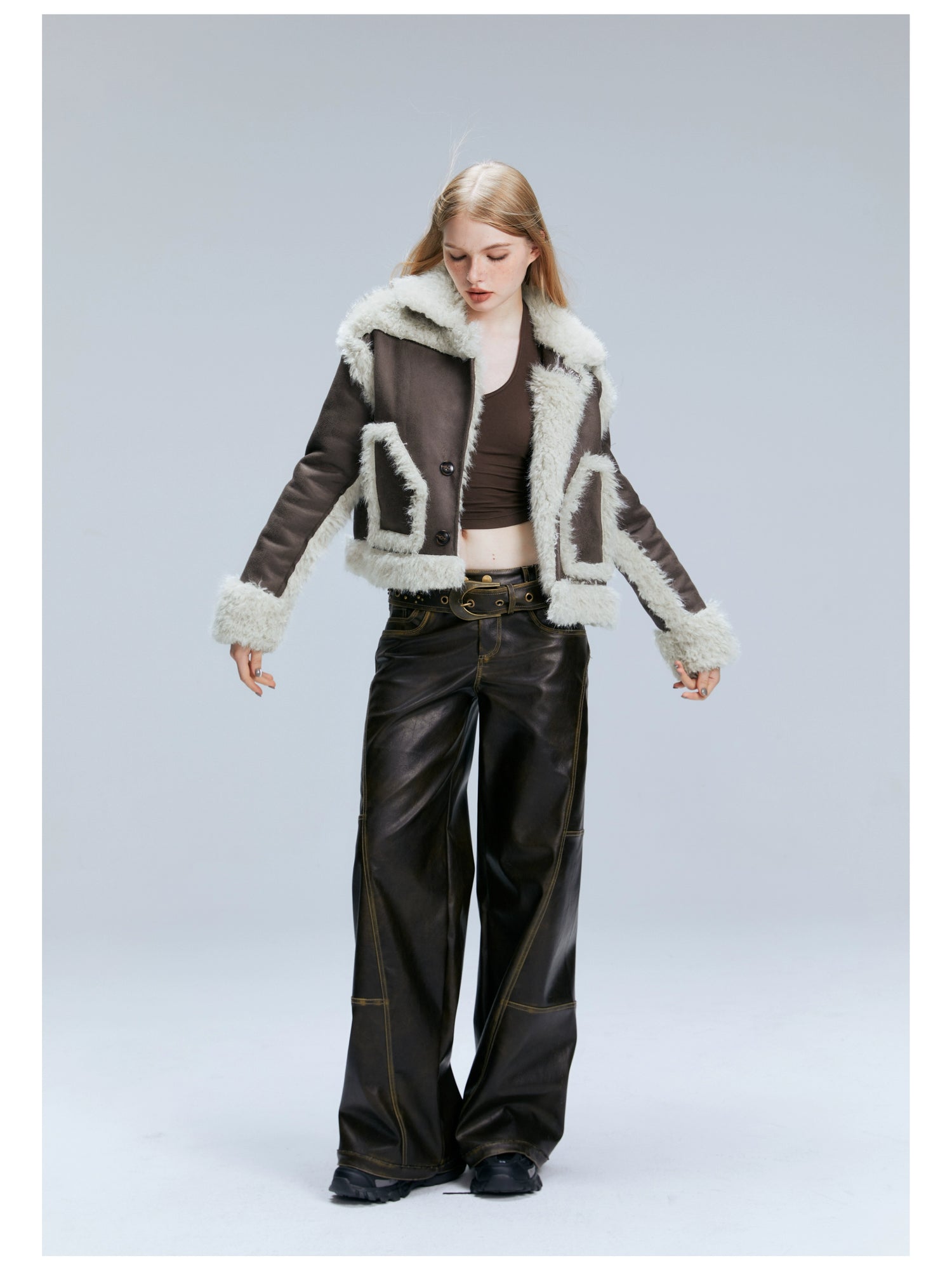 Brown PU Straight-Leg Pants
