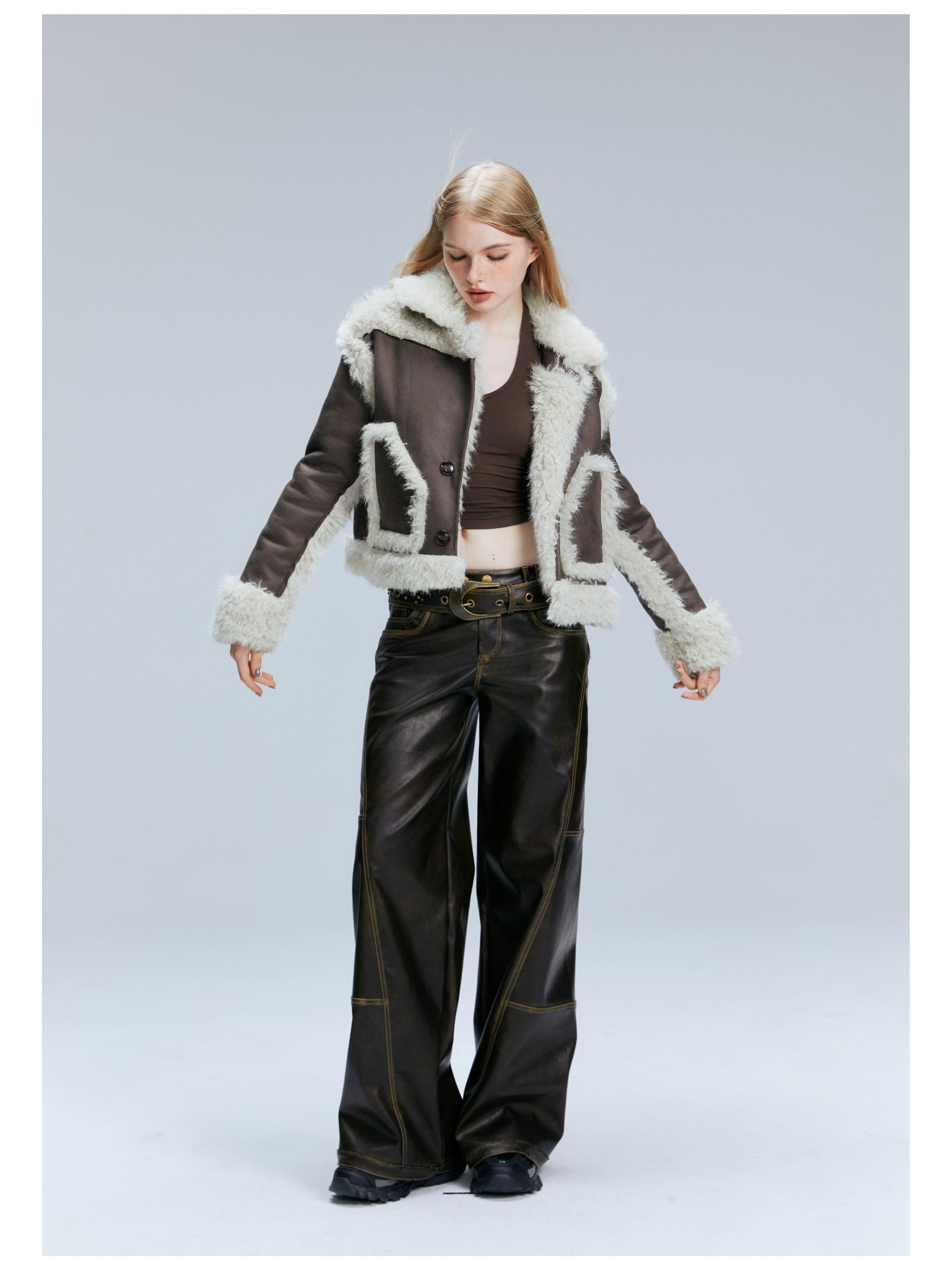Brown PU Straight-Leg Pants