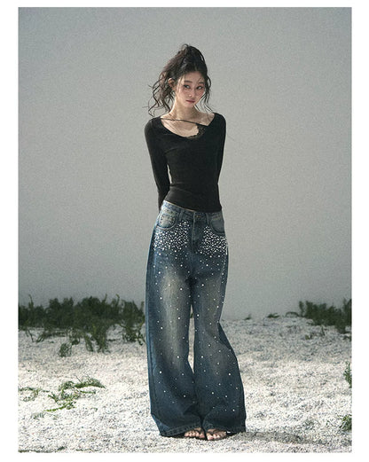 Pearl Studded Straight Leg Jeans