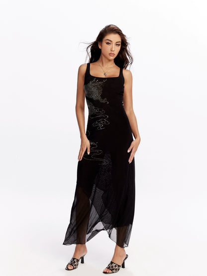 Noir Dragon Crystal Mesh Maxi Dress