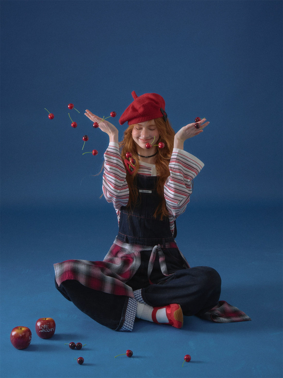 Raw Denim Wide-Leg Overalls with Red Stitching