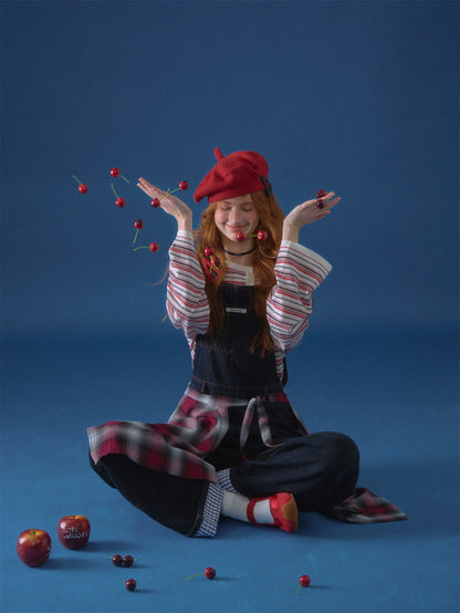 Raw Denim Wide-Leg Overalls with Red Stitching