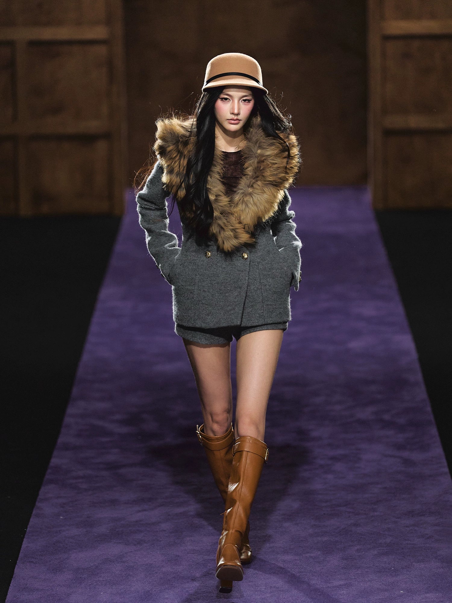 Detachable Fur Collar Wool Tailored Blazer &amp; Shorts Set