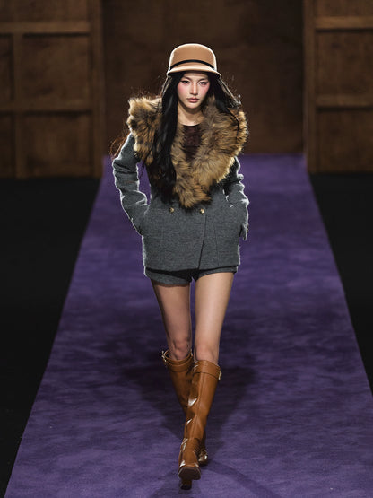 Detachable Fur Collar Wool Tailored Blazer &amp; Shorts Set