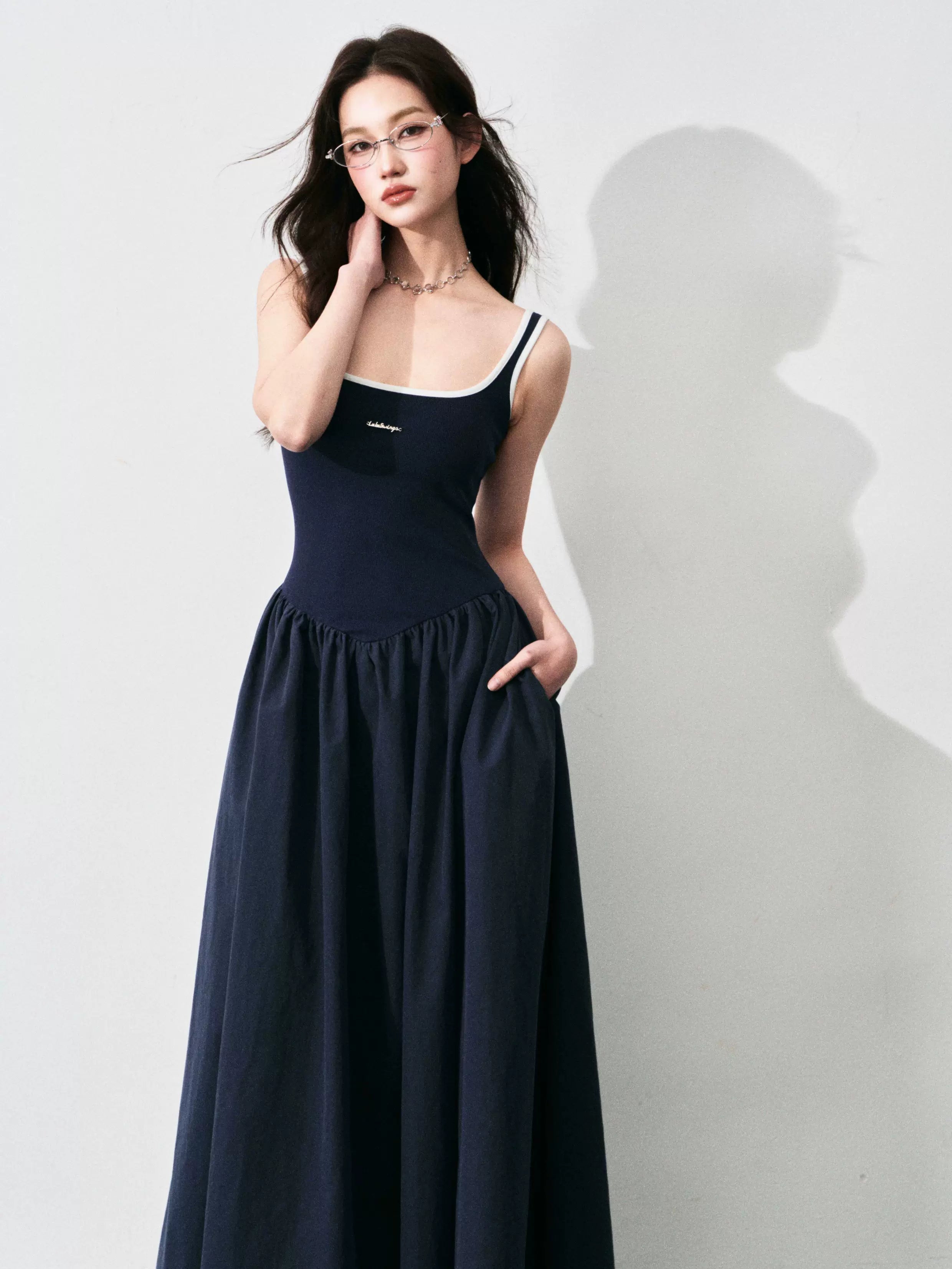 Contrast-Trim Backless Slip Maxi Dress