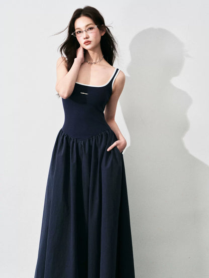 Contrast-Trim Backless Slip Maxi Dress