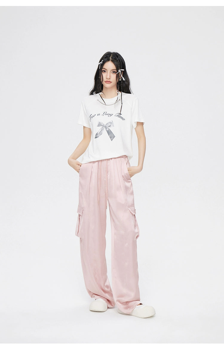 Pink &amp; White Silk Wide-Leg Pants