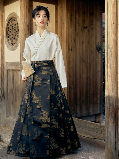 &quot;江上烟树&quot; Black Horse-face Hanfu Skirt