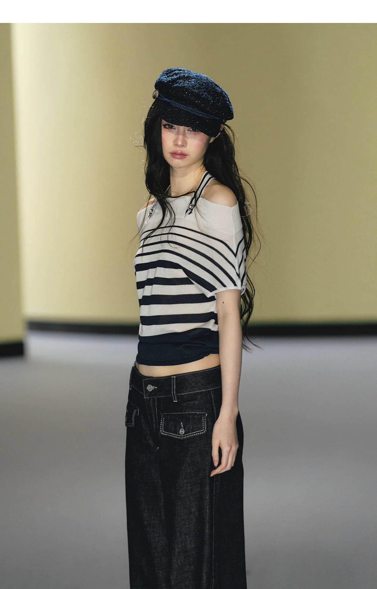 Nautical Stripe Off-Shoulder Halterneck Top