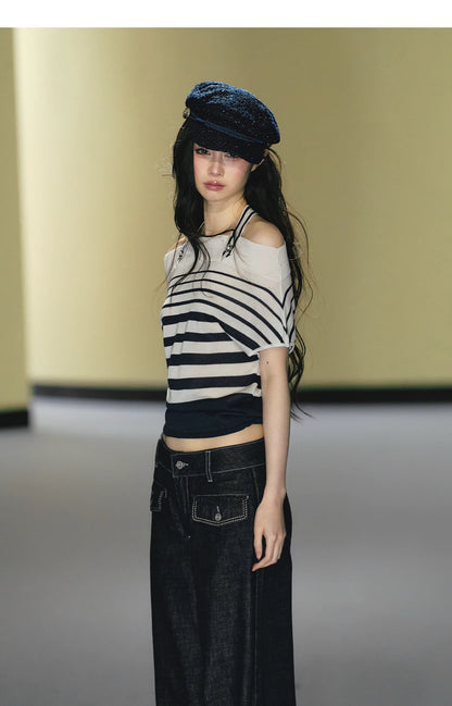 Nautical Stripe Off-Shoulder Halterneck Top