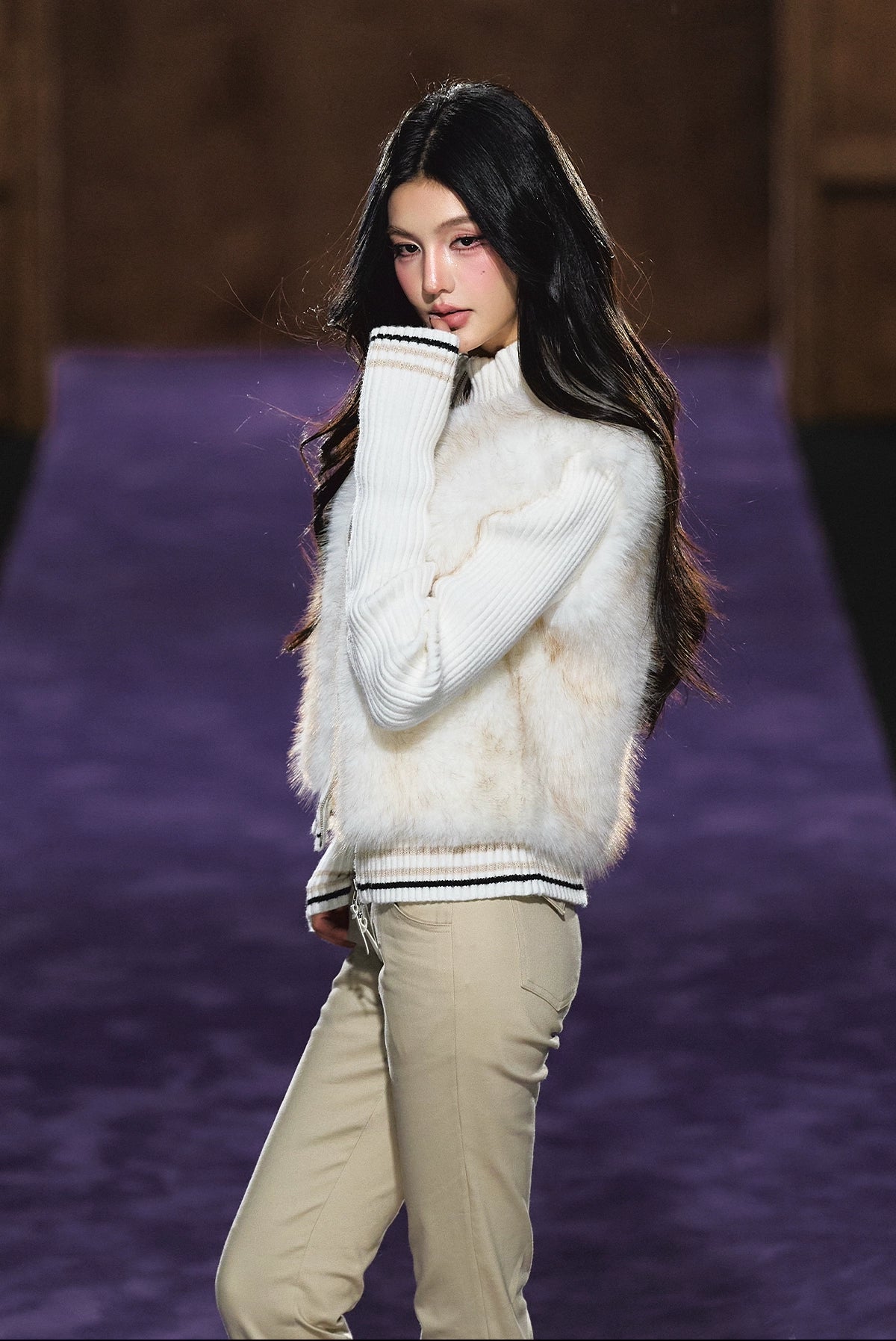 Faux Fur Knit-Panel Two-in-One Cardigan