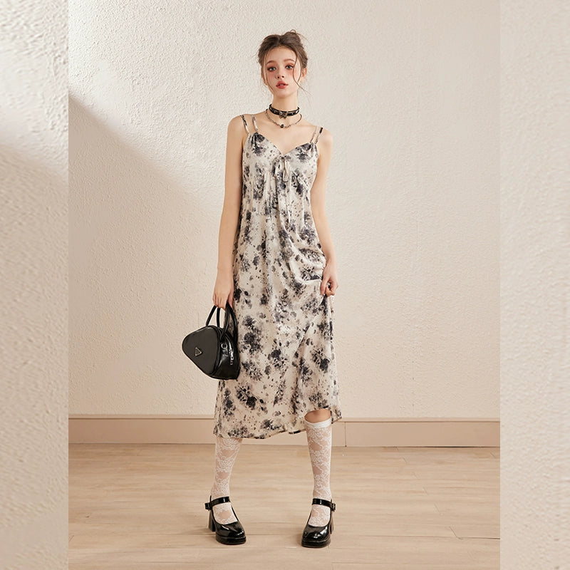 Apricot Rose Tie-Dye Floral Spaghetti Strap Dress