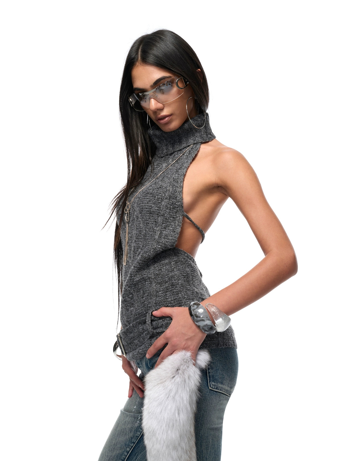 Backless High-Neck Cable-Knit Sweater