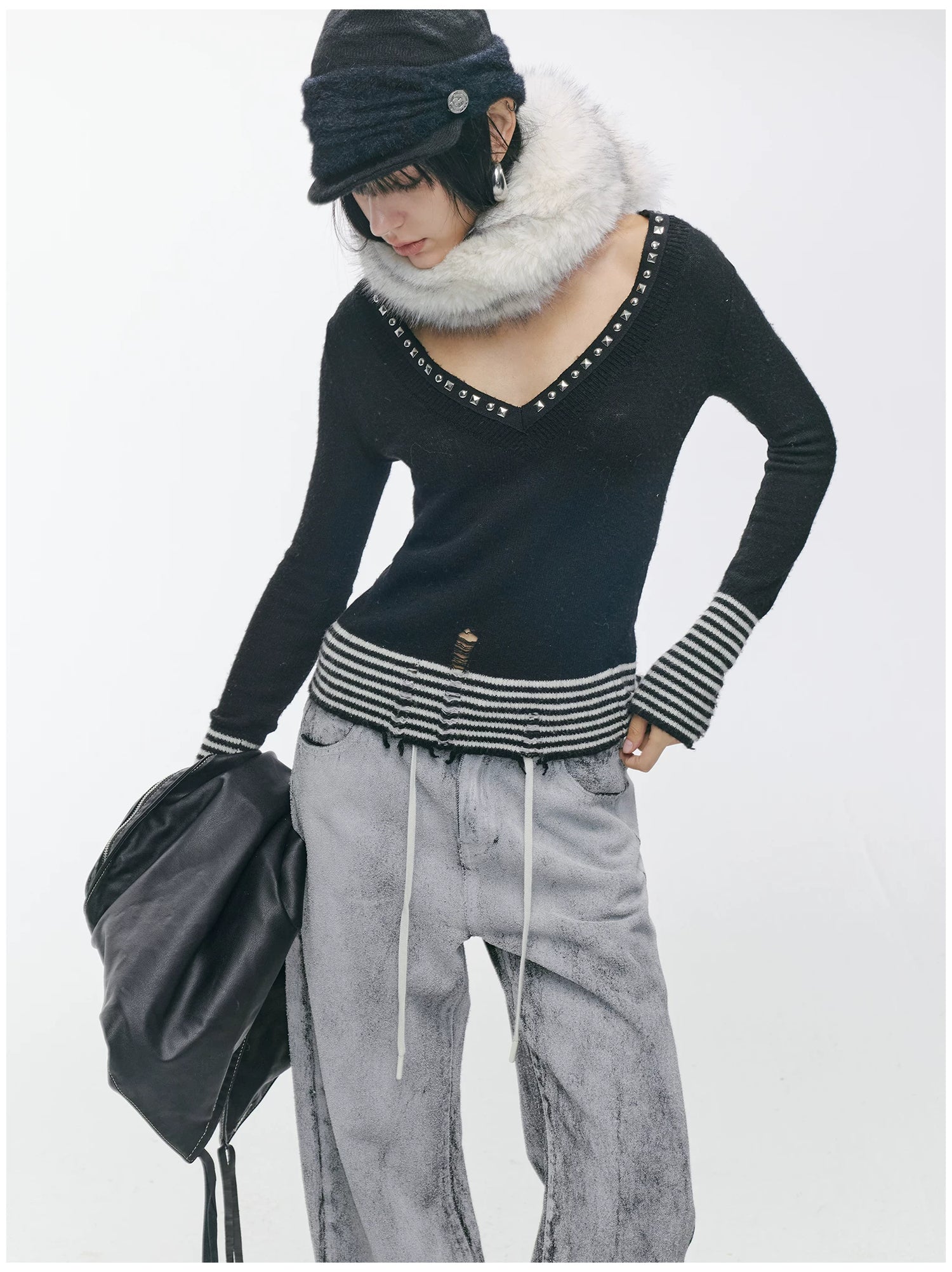 Striped Panel Slim-Fit Wool Knit Top