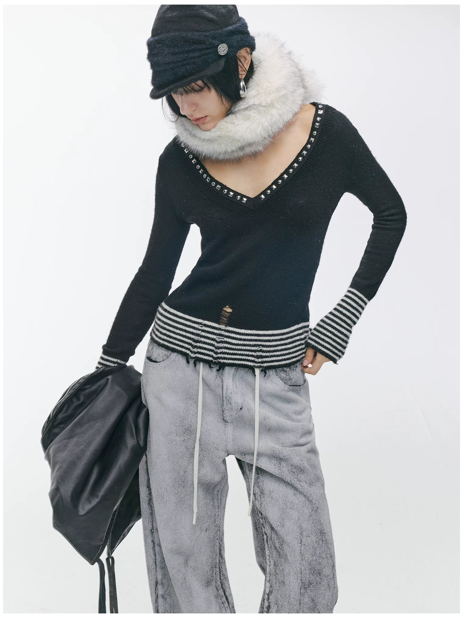 Striped Panel Slim-Fit Wool Knit Top