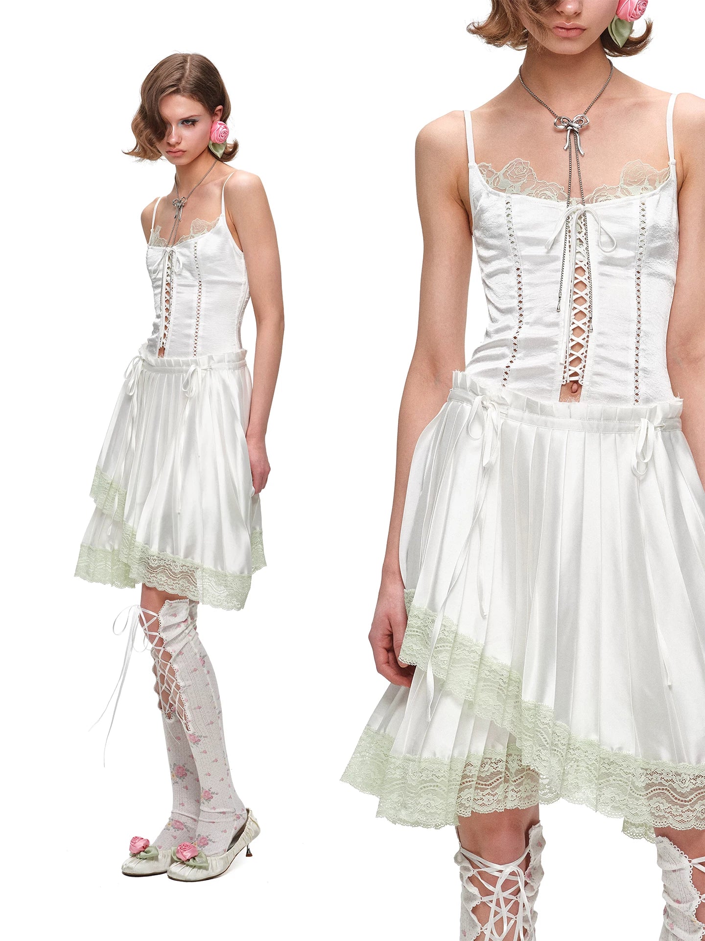 Asymmetric Pleated Satin Lace Midi Skirt