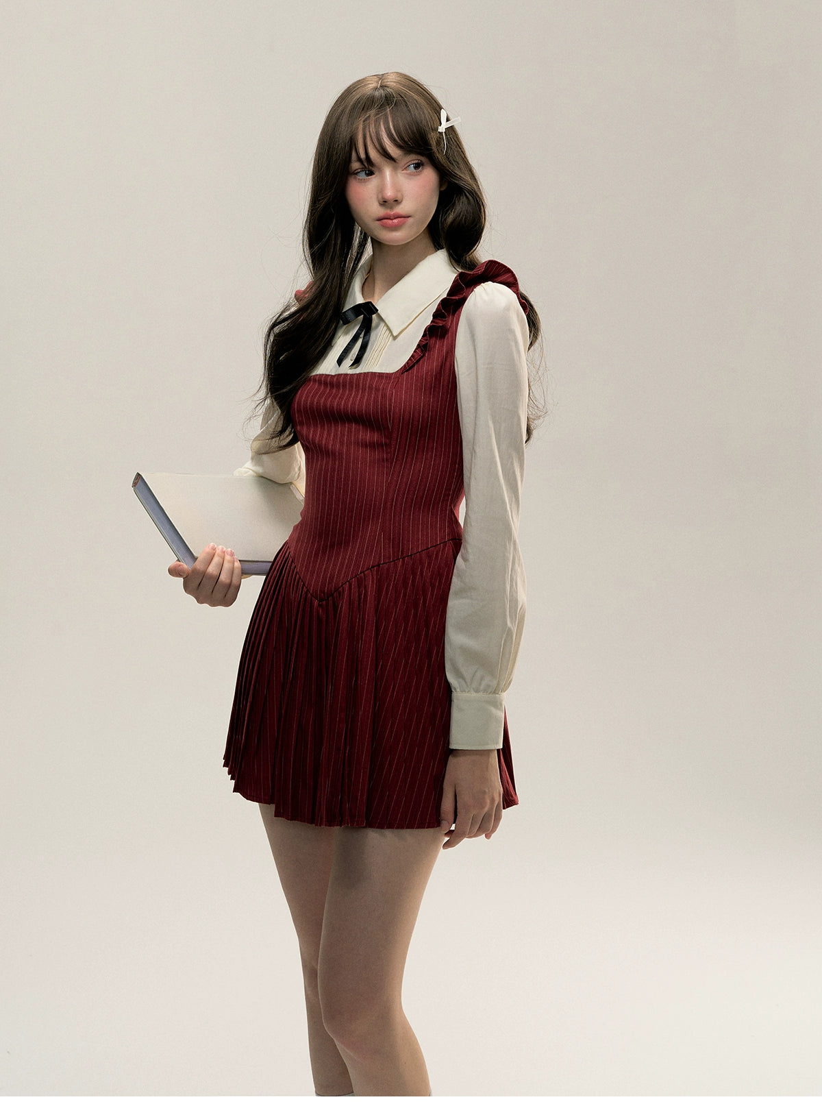 Red &amp; Grey Fitted Long-sleeve Shirt Collar Dress